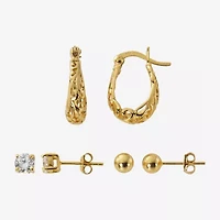Womens Cubic Zirconia 24K Gold Over Silver 3 Pair Earring Set