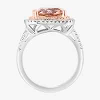 Effy Final Call Womens Genuine Pink Morganite 14K White Gold Cushion Halo Side Stone Cocktail Ring