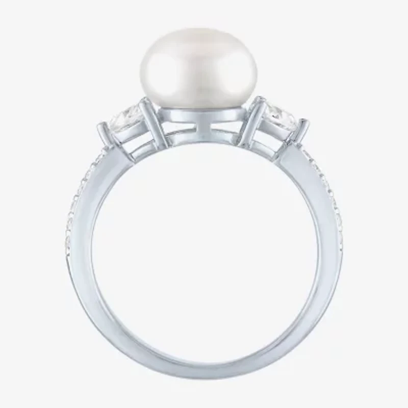 Womens 9-9.5MM White Cultured Freshwater Pearl Sterling Silver Round Side Stone Cocktail Ring