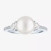 Womens 9-9.5MM White Cultured Freshwater Pearl Sterling Silver Round Side Stone Cocktail Ring