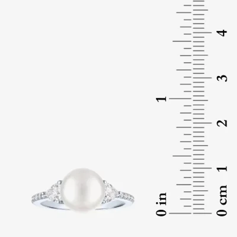 Womens 9-9.5MM White Cultured Freshwater Pearl Sterling Silver Round Side Stone Cocktail Ring
