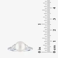 Womens 9-9.5MM White Cultured Freshwater Pearl Sterling Silver Round Side Stone Cocktail Ring