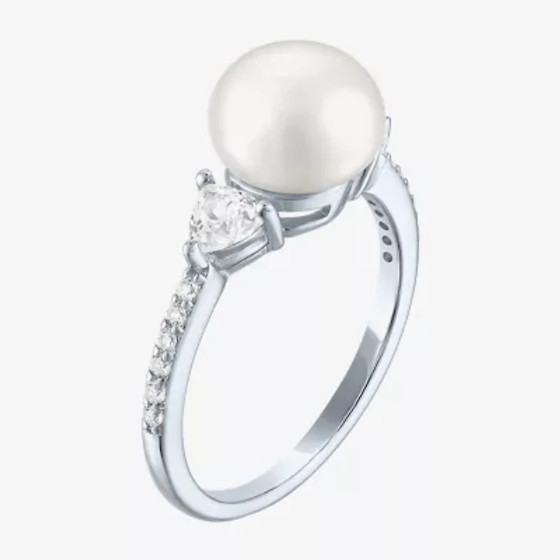 Womens 9-9.5MM White Cultured Freshwater Pearl Sterling Silver Round Side Stone Cocktail Ring
