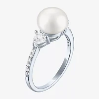 Womens 9-9.5MM White Cultured Freshwater Pearl Sterling Silver Round Side Stone Cocktail Ring