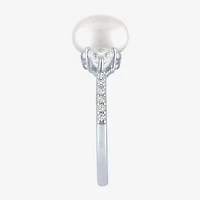 Womens 9-9.5MM White Cultured Freshwater Pearl Sterling Silver Round Side Stone Cocktail Ring