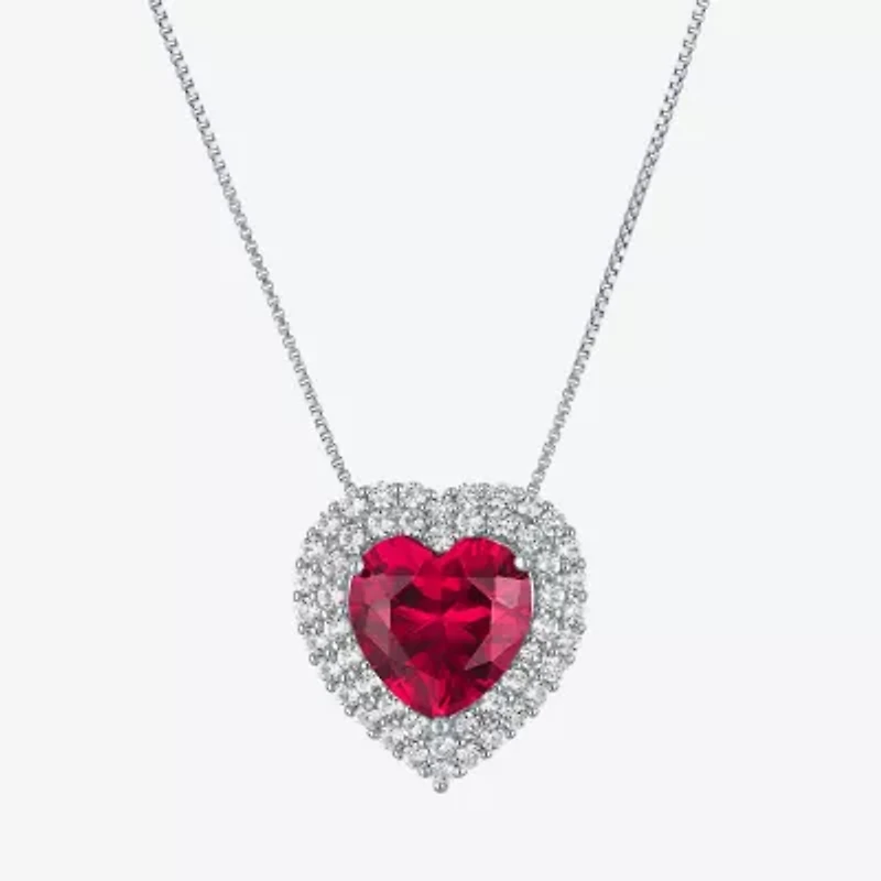 Womens Lab Created Red Ruby Sterling Silver Heart Inch Pendant Necklace