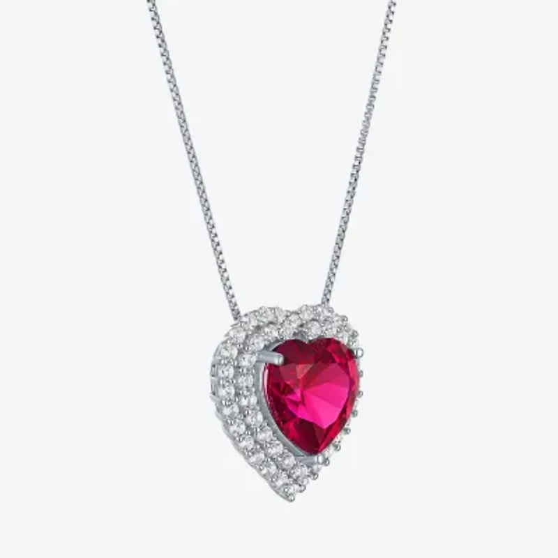 Womens Lab Created Red Ruby Sterling Silver Heart Inch Pendant Necklace