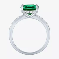 Womens Lab Created Gemstone Sterling Silver Side Stone Solitaire Cushion Cocktail Ring