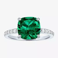 Womens Lab Created Gemstone Sterling Silver Side Stone Solitaire Cushion Cocktail Ring