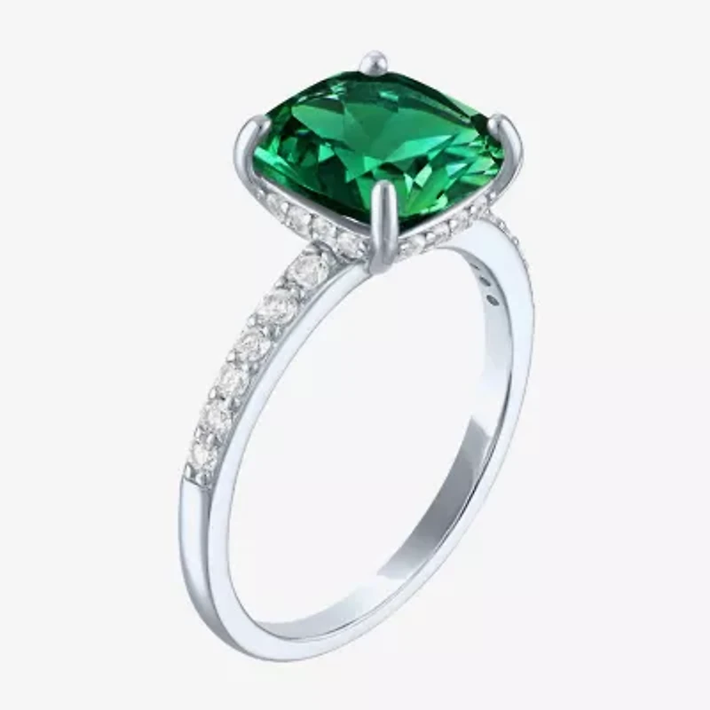Womens Lab Created Gemstone Sterling Silver Side Stone Solitaire Cushion Cocktail Ring
