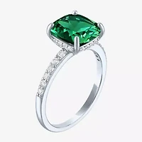 Womens Lab Created Gemstone Sterling Silver Side Stone Solitaire Cushion Cocktail Ring