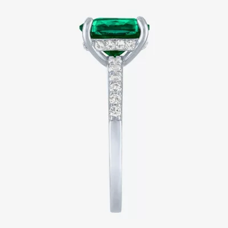 Womens Lab Created Gemstone Sterling Silver Side Stone Solitaire Cushion Cocktail Ring