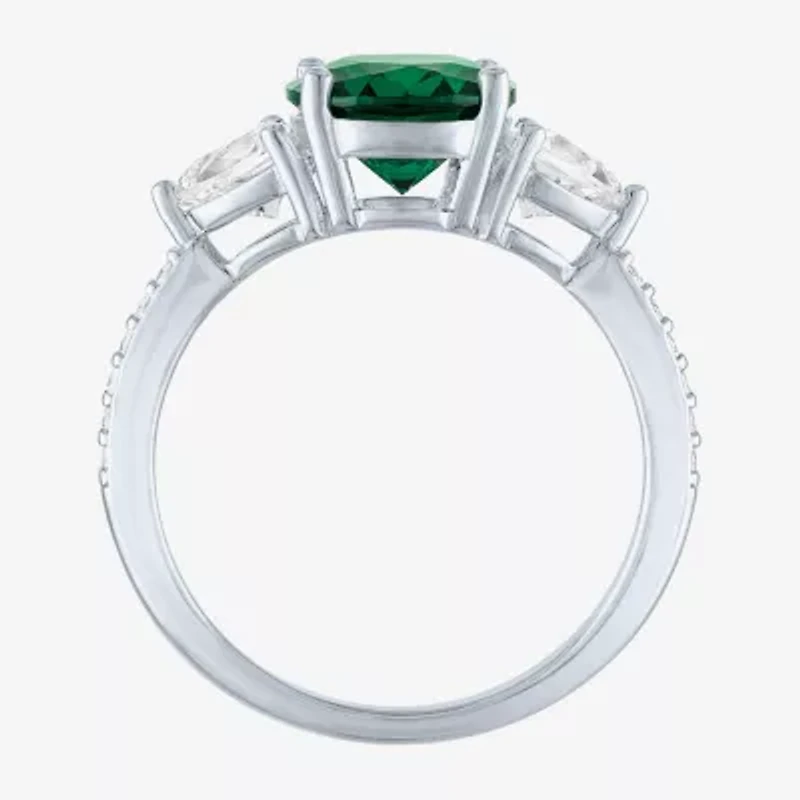 Womens Simulated Green Emerald Sterling Silver Oval Side Stone Cocktail Ring