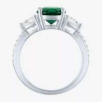 Womens Simulated Green Emerald Sterling Silver Oval Side Stone Cocktail Ring