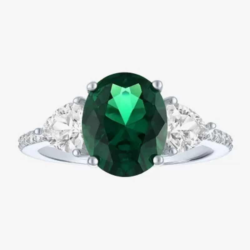 Womens Simulated Green Emerald Sterling Silver Oval Side Stone Cocktail Ring