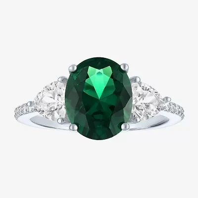 Womens Simulated Green Emerald Sterling Silver Oval Side Stone Cocktail Ring