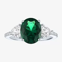 Womens Simulated Green Emerald Sterling Silver Oval Side Stone Cocktail Ring