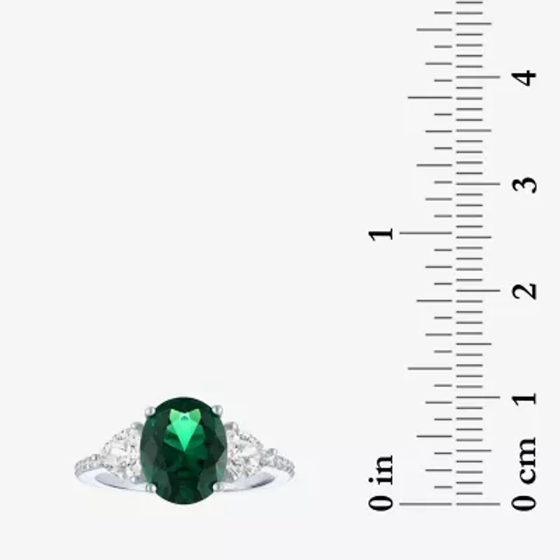 Womens Simulated Green Emerald Sterling Silver Oval Side Stone Cocktail Ring