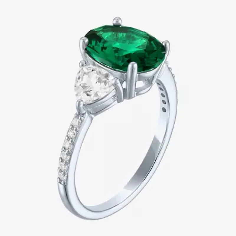 Womens Simulated Green Emerald Sterling Silver Oval Side Stone Cocktail Ring