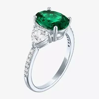 Womens Simulated Green Emerald Sterling Silver Oval Side Stone Cocktail Ring