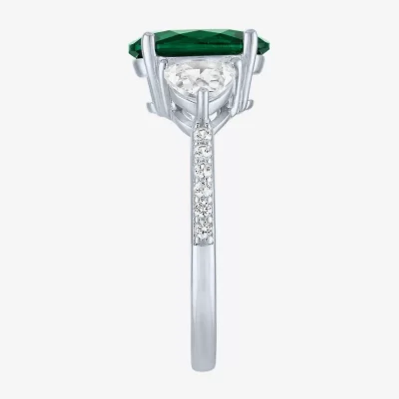 Womens Simulated Green Emerald Sterling Silver Oval Side Stone Cocktail Ring