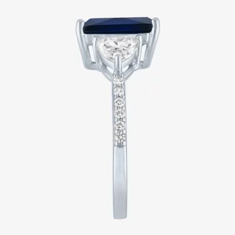 Womens Lab Created Blue Sapphire Sterling Silver Side Stone Cocktail Ring