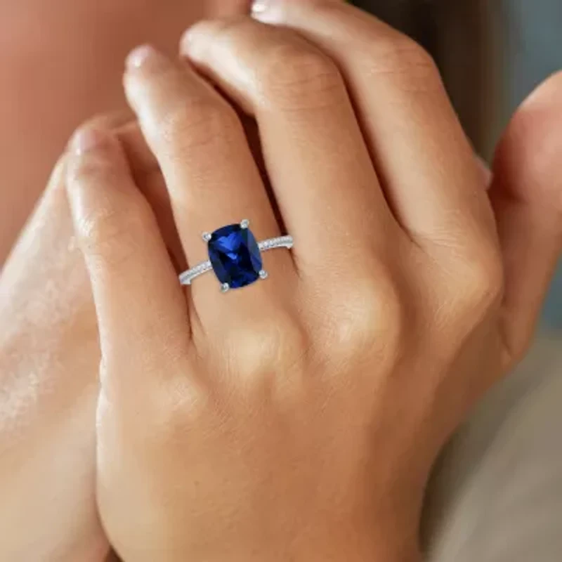 Womens Gemstone & 1/5 CT. T.W. Lab-Grown Diamonds 14K Gold Over Silver Sterling Cushion Side Stone Cocktail Ring