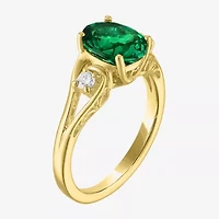 Womens 1/8 CT. T.W. Lab Created Green Emerald 14K Gold Over Silver Oval 3-Stone Cocktail Ring