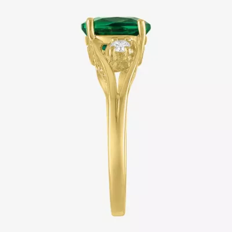 Womens 1/8 CT. T.W. Lab Created Green Emerald 14K Gold Over Silver Oval 3-Stone Cocktail Ring