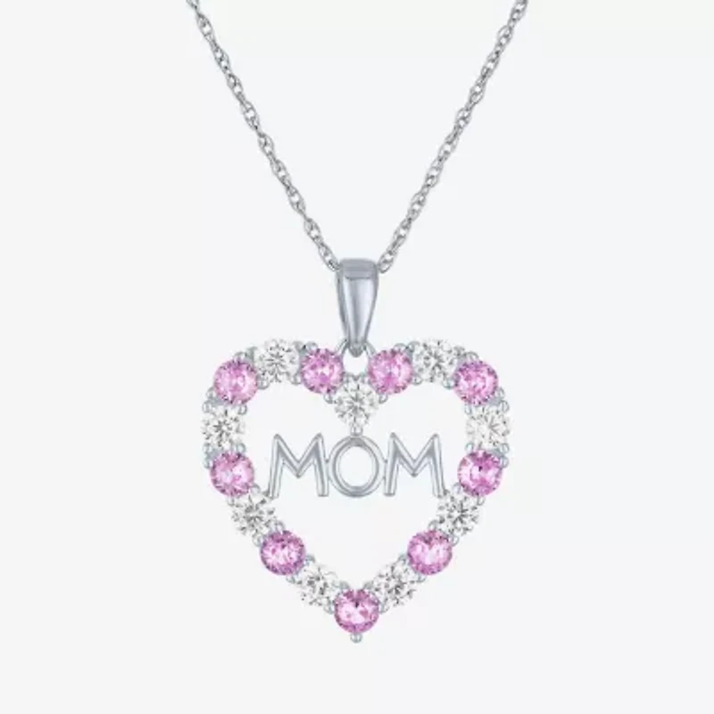"Mom" Womens Lab Created Pink Sapphire Sterling Silver Heart 16 Inch Pendant Necklace