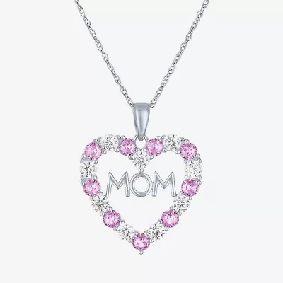 "Mom" Womens Lab Created Pink Sapphire Sterling Silver Heart 16 Inch Pendant Necklace