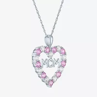"Mom" Womens Lab Created Pink Sapphire Sterling Silver Heart 16 Inch Pendant Necklace