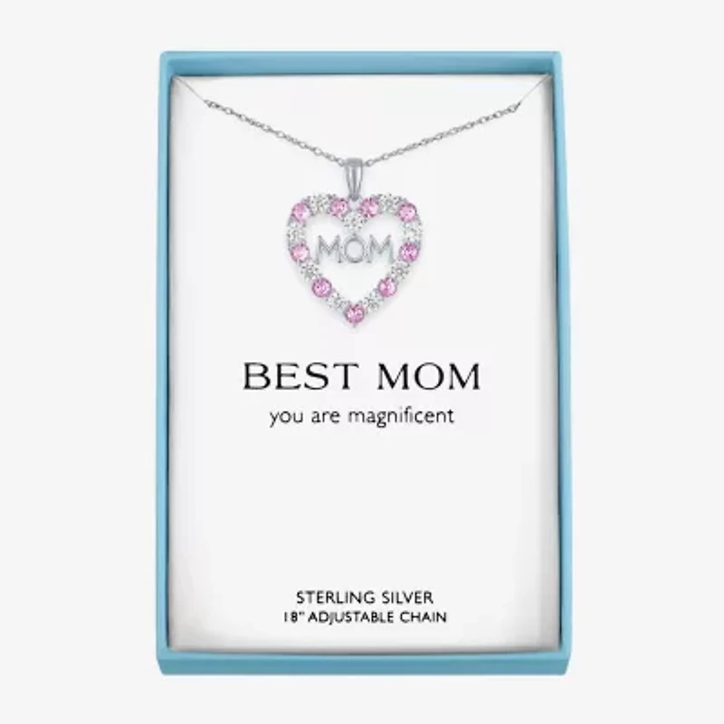 "Mom" Womens Lab Created Pink Sapphire Sterling Silver Heart 16 Inch Pendant Necklace