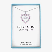 "Mom" Womens Lab Created Pink Sapphire Sterling Silver Heart 16 Inch Pendant Necklace
