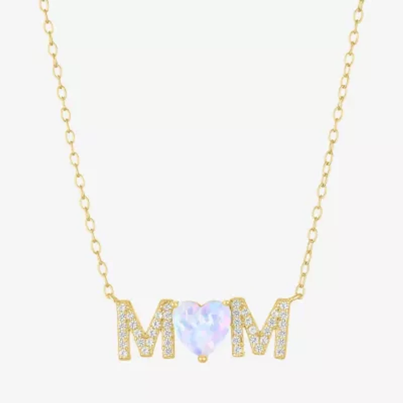 "Mom" Womens Lab Created White Opal 14K Gold Over Silver Sterling Silver Heart Round 16 Inch Pendant Necklace