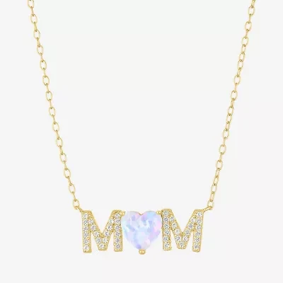 "Mom" Womens Lab Created White Opal 14K Gold Over Silver Sterling Silver Heart Round 16 Inch Pendant Necklace