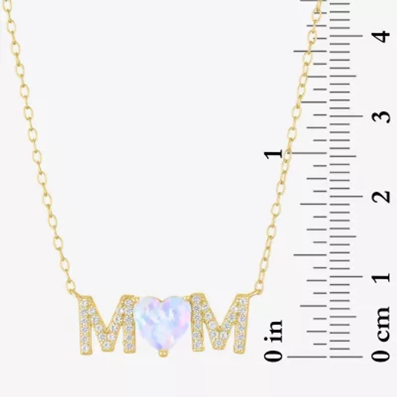 "Mom" Womens Lab Created White Opal 14K Gold Over Silver Sterling Silver Heart Round 16 Inch Pendant Necklace