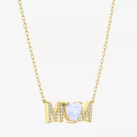 "Mom" Womens Lab Created White Opal 14K Gold Over Silver Sterling Silver Heart Round 16 Inch Pendant Necklace