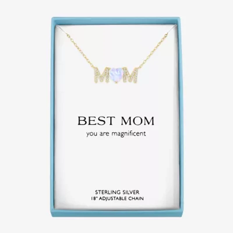 "Mom" Womens Lab Created White Opal 14K Gold Over Silver Sterling Silver Heart Round 16 Inch Pendant Necklace