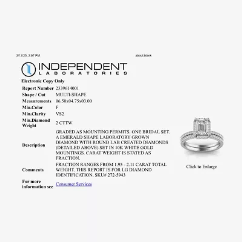 Signature By Modern Bride Womens 2 CT. T.W. Lab Grown White Diamond 10K or 14K Gold Side Stone Bridal Set