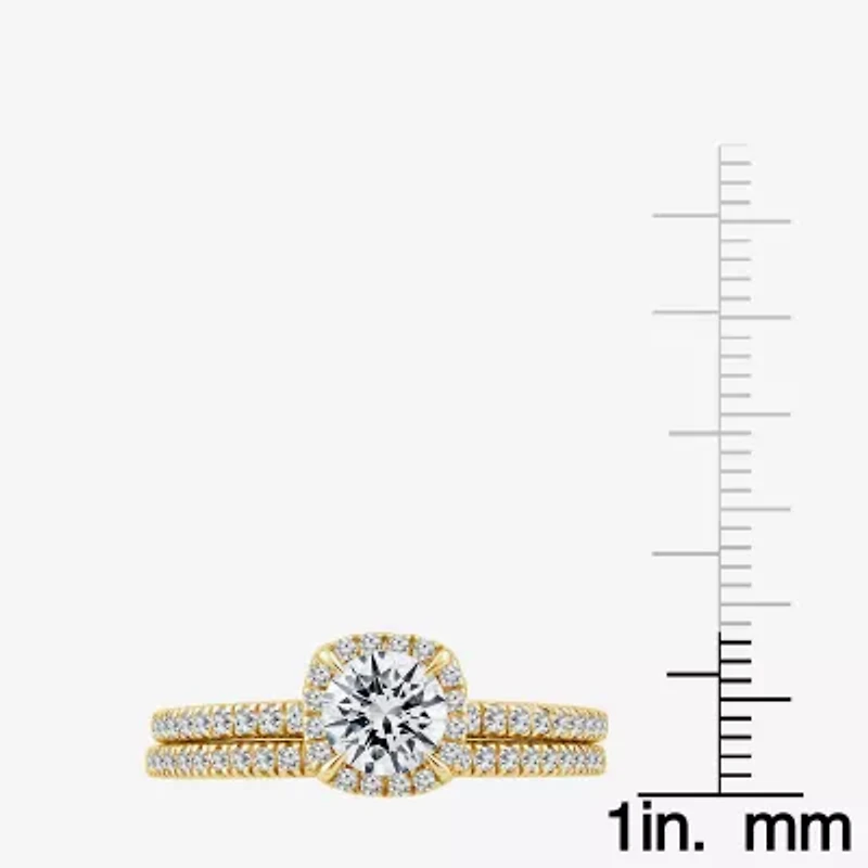 (F / VS2) Womens 1 CT. T.W. Lab Grown White Diamond 10K or 14K Gold Round Side Stone Halo Bridal Set
