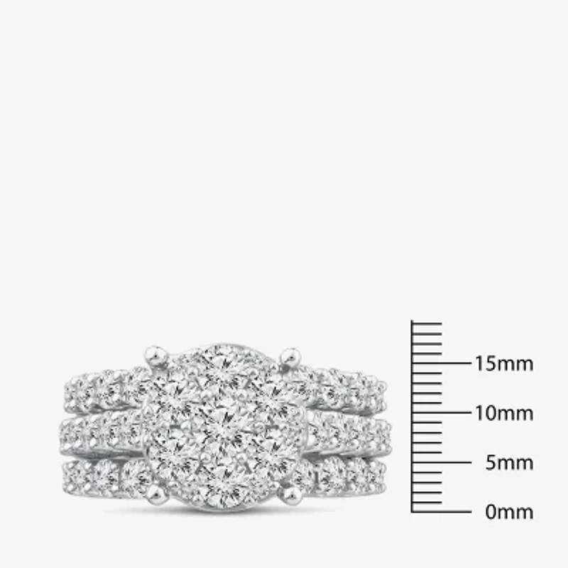 (G / Si1-Si2) Womens 4 CT. T.W. Lab Grown White Diamond 10K Gold Round Side Stone Halo Bridal Set