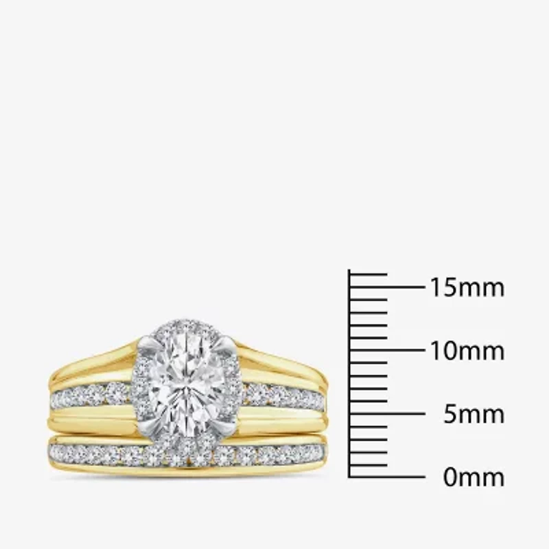 (G / Si1-Si2) Womens 1 1/2 CT. T.W. Lab Grown White Diamond 10K Gold Oval Side Stone Halo Bridal Set