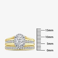 (G / Si1-Si2) Womens 1 1/2 CT. T.W. Lab Grown White Diamond 10K Gold Oval Side Stone Halo Bridal Set