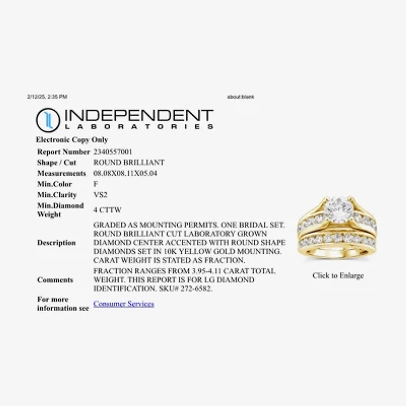 (G / Si1-Si2) Womens 4 CT. T.W. Lab Grown White Diamond 10K Gold Round Side Stone Bridal Set