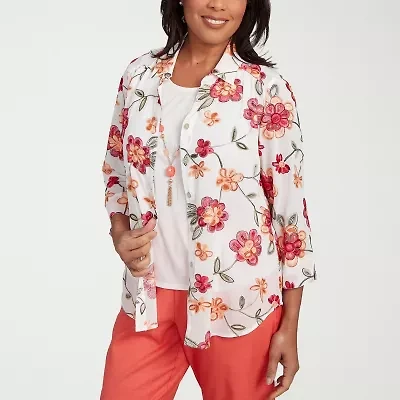 Alfred Dunner Catalina Island Womens 3/4 Sleeve Embroidered Layered Top
