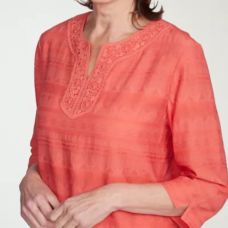 Alfred Dunner Catalina Island Womens Split Crew Neck 3/4 Sleeve Blouse