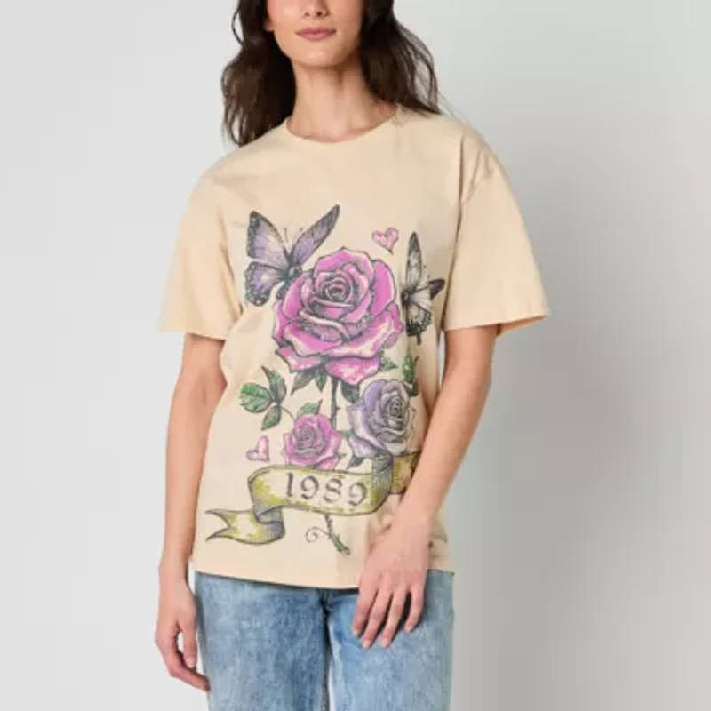 Spring Rose Boyfriend Tee Womens Crew Neck Short Sleeve Oversized Juniors Graphic T-Shirt
