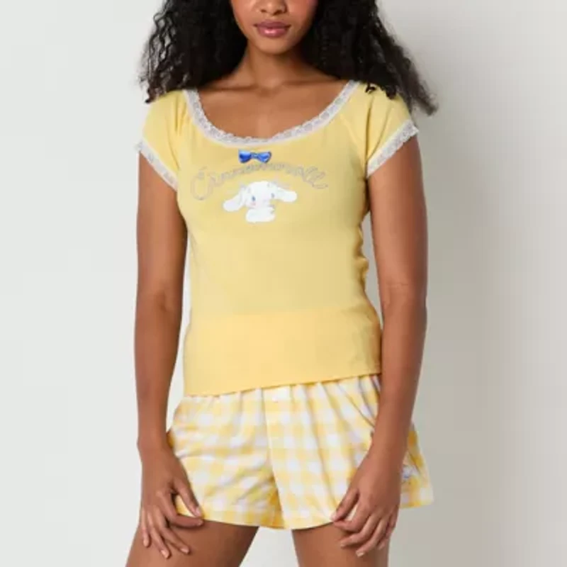 Cinamaroll Ribbed Womens Juniors Hello Kitty Boat Neck Short Sleeve Blouse