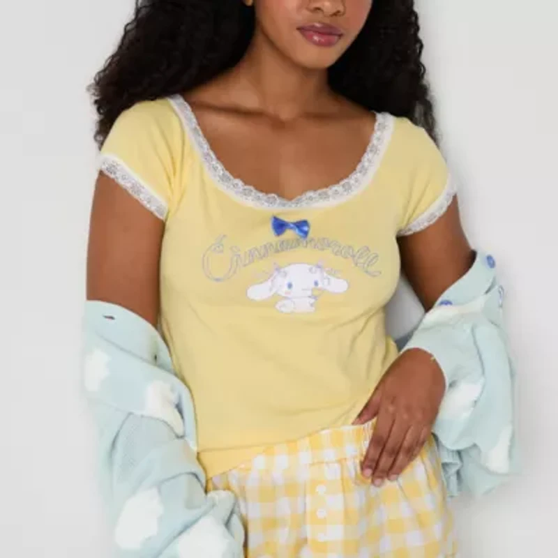 Cinamaroll Ribbed Womens Juniors Hello Kitty Boat Neck Short Sleeve Blouse